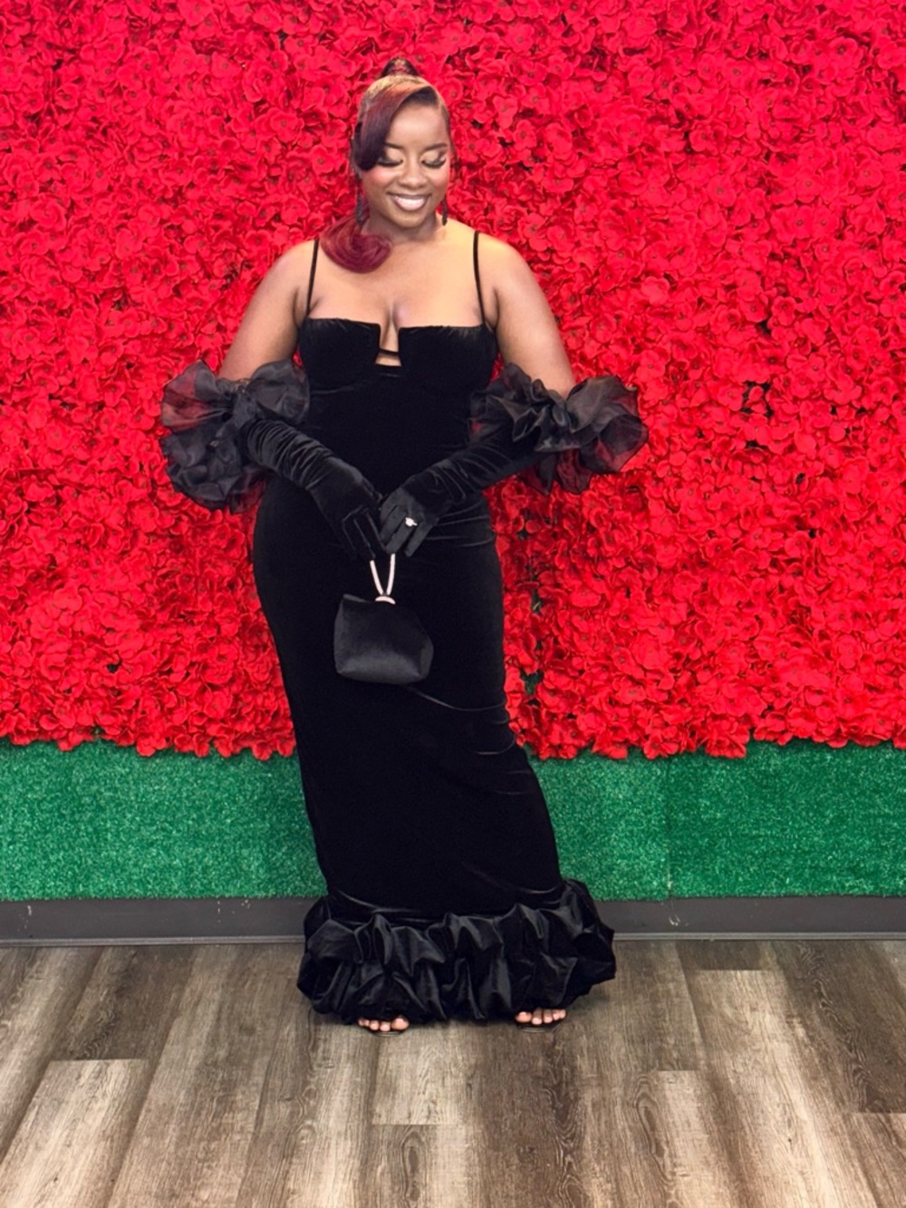 Fashion Nova Black Velvet Ruffle-Hem Maxi Dress